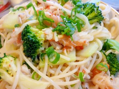 蟹とブロッコリーのパスタ*水漬けパスタ